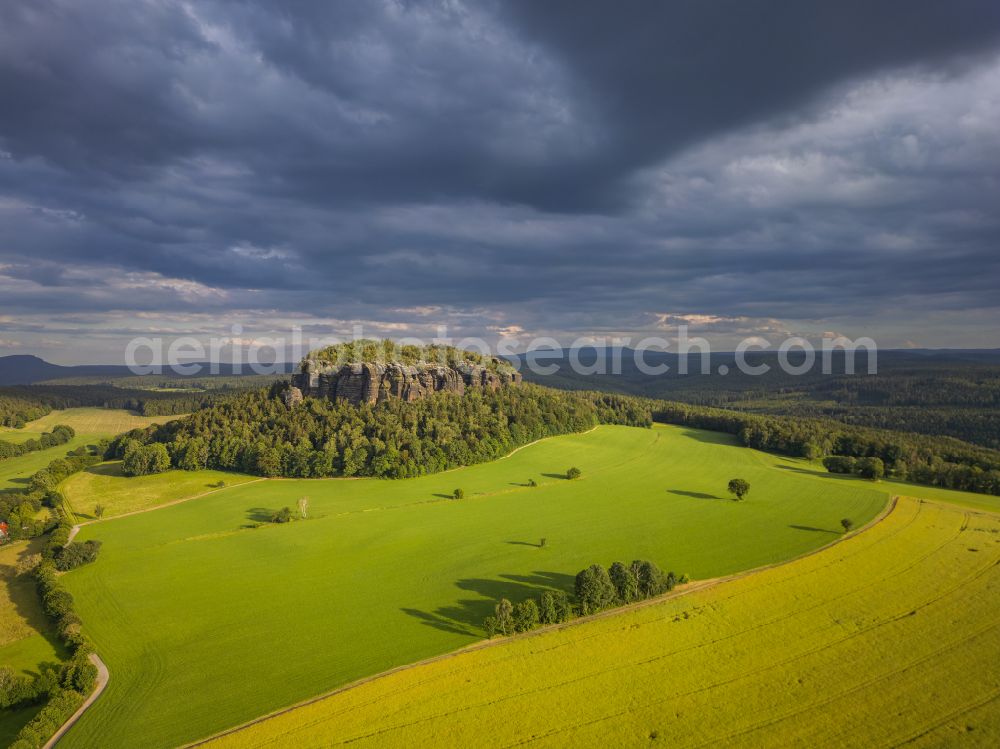 Königstein from above - The Pfaffenstein, also known as Jungfernstein, is a high table mountain in the Elbe Sandstone Mountains in Pfaffendorf in Saxon Switzerland in the federal state of Saxony, Germany