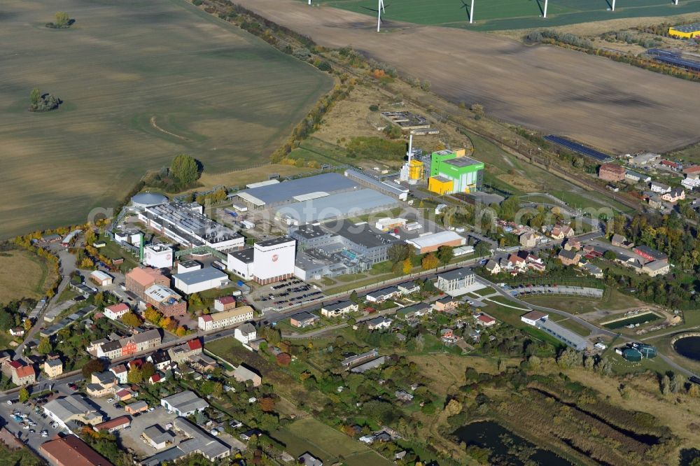 Stavenhagen from above - View at the Pfanni factory premises and the company own power plant in Stavenhagen in the federal state Mecklenburg-Vorpommern. The Pfanni GmbH & Co. OHG is a German food company headquartered in Stavenhagen, which is specialized in the manufacture of kitchen-ready potato products. The power plant was built for the power and heating supply of the Pfanni company and is operated with alternative fuels. Operator is the Nehlsen Heizkraftwerke GmbH & Co.KG