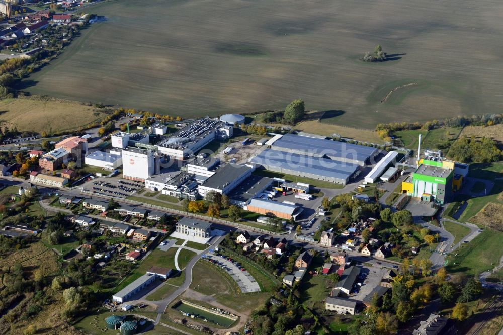 Aerial image Stavenhagen - View at the Pfanni factory premises and the company own power plant in Stavenhagen in the federal state Mecklenburg-Vorpommern. The Pfanni GmbH & Co. OHG is a German food company headquartered in Stavenhagen, which is specialized in the manufacture of kitchen-ready potato products. The power plant was built for the power and heating supply of the Pfanni company and is operated with alternative fuels. Operator is the Nehlsen Heizkraftwerke GmbH & Co.KG