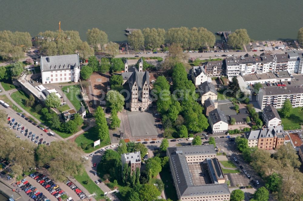 Koblenz from above - Ministry Saint Kastor with the parish church an the Ludwig Museum inside the Deutschherrenhaus at the concourse from Rhine and Moselle wich is called Deutsches Eck in Koblenz in Rhineland-Palatine