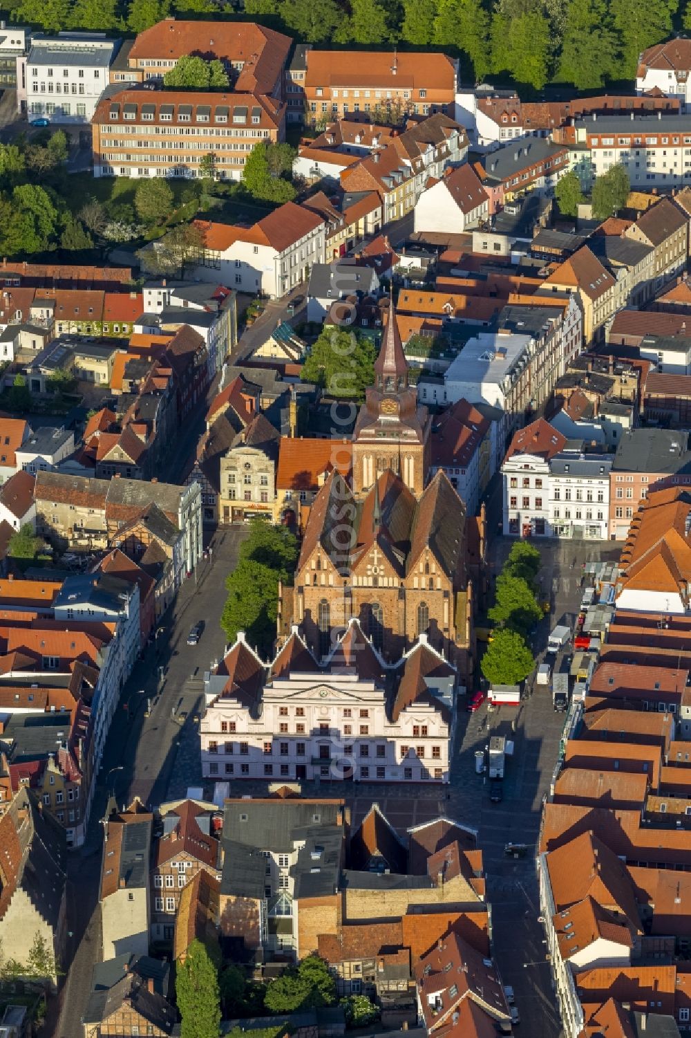 Güstrow from above - View of the parish church St. Marien in Guestrow in the state Mecklenburg-West Pomerania