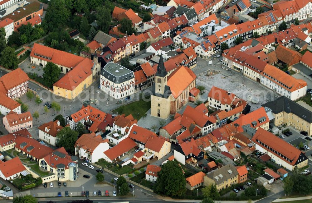 Aerial image Worbis - Parish church St. Nikolaus at the Rossmarkt with surrounding homes in Worbis in Thuringia