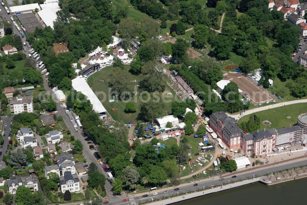 Wiesbaden from above - Annual whitsun tournament in rinding 2008 at the castle Biebrich at the riverside of the Rhine in Wiesbaden in Hesse