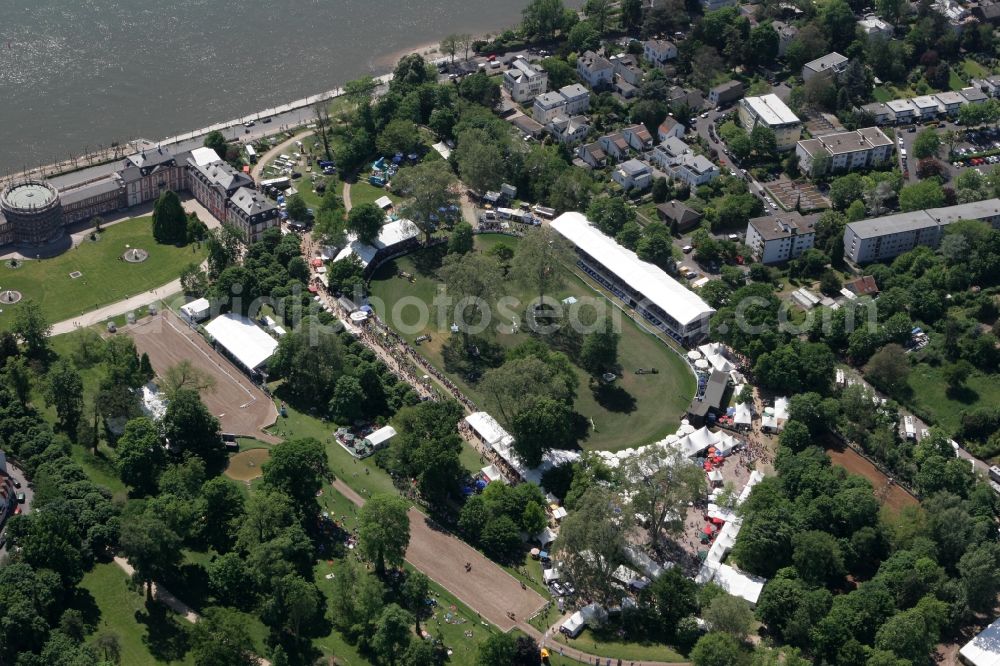 Aerial image Wiesbaden - Annual whitsun tournament in rinding 2008 at the castle Biebrich at the riverside of the Rhine in Wiesbaden in Hesse