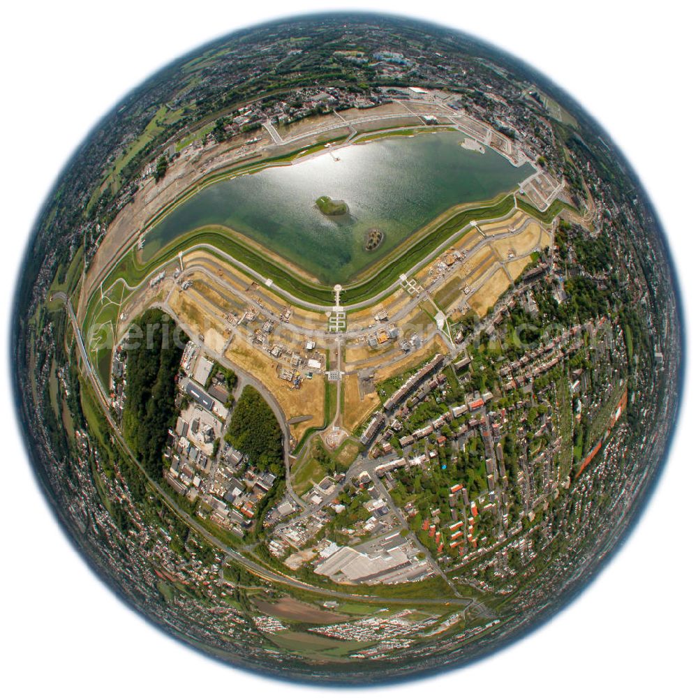 Aerial photograph Dortmund - Fish eye look at the Phonix lake, an artificial lake of the former steel works area in the Hörde district of Dortmund