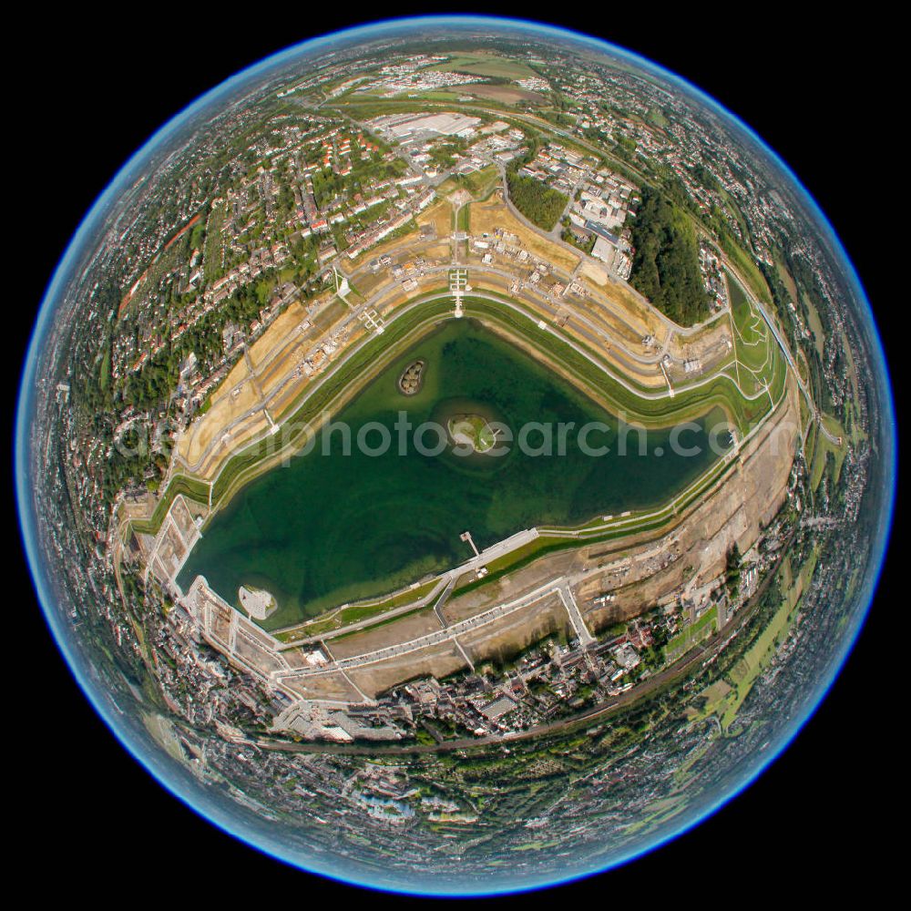 Dortmund from above - Fish eye look at the Phonix lake, an artificial lake of the former steel works area in the Hörde district of Dortmund