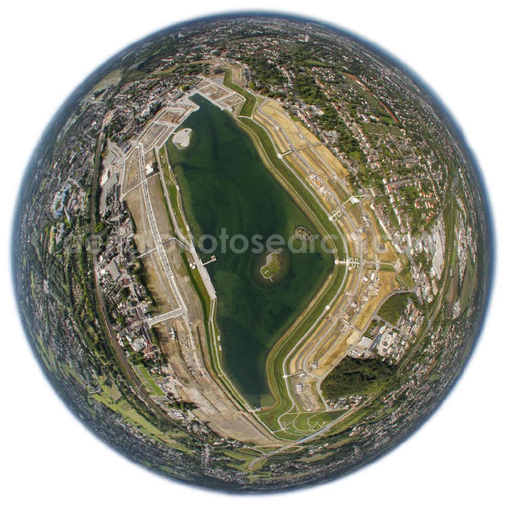 Dortmund from the bird's eye view: Fish eye look at the Phonix lake, an artificial lake of the former steel works area in the Hörde district of Dortmund