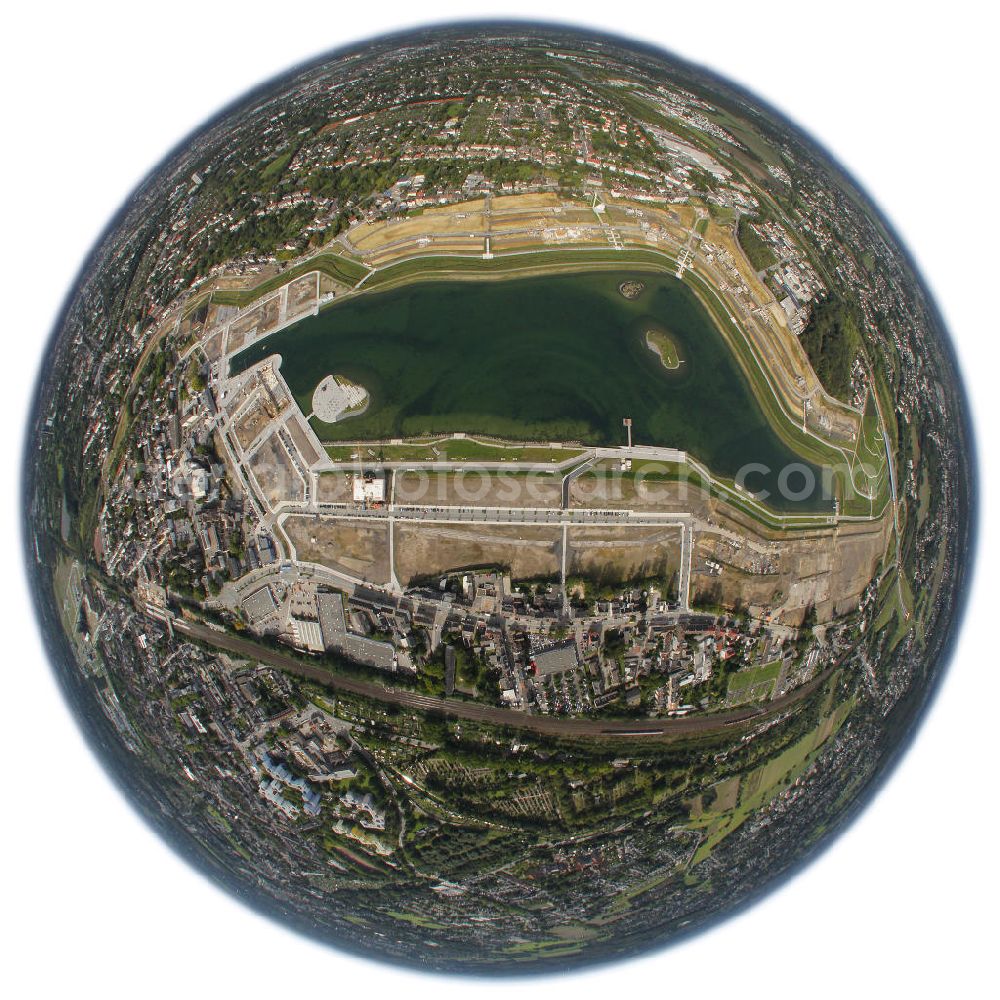 Aerial image Dortmund - Fish eye look at the Phonix lake, an artificial lake of the former steel works area in the Hörde district of Dortmund