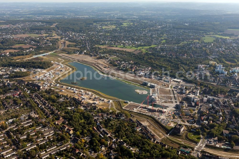 Dortmund from above - View of the Lake Phoenix in Dortmund in the state North Rhine-Westphalia. The Lake Phoenix is an artificial lake on the area of the former steelwork Phoenix-Ost. Together with the circumjacent areal a housing area and a recreational area will be created