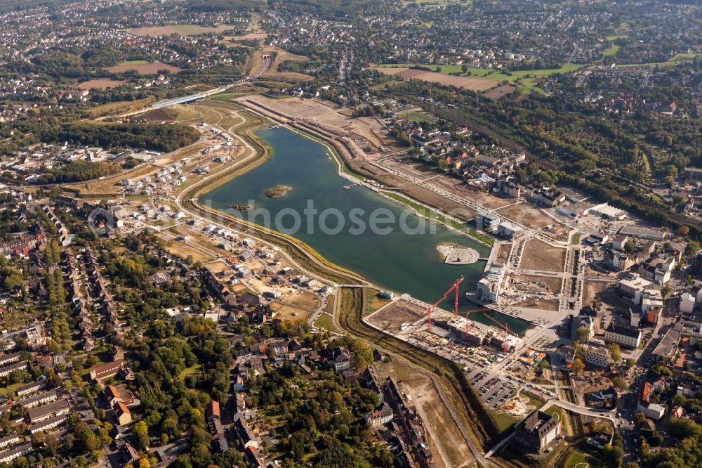 Dortmund from the bird's eye view: View of the Lake Phoenix in Dortmund in the state North Rhine-Westphalia. The Lake Phoenix is an artificial lake on the area of the former steelwork Phoenix-Ost. Together with the circumjacent areal a housing area and a recreational area will be created