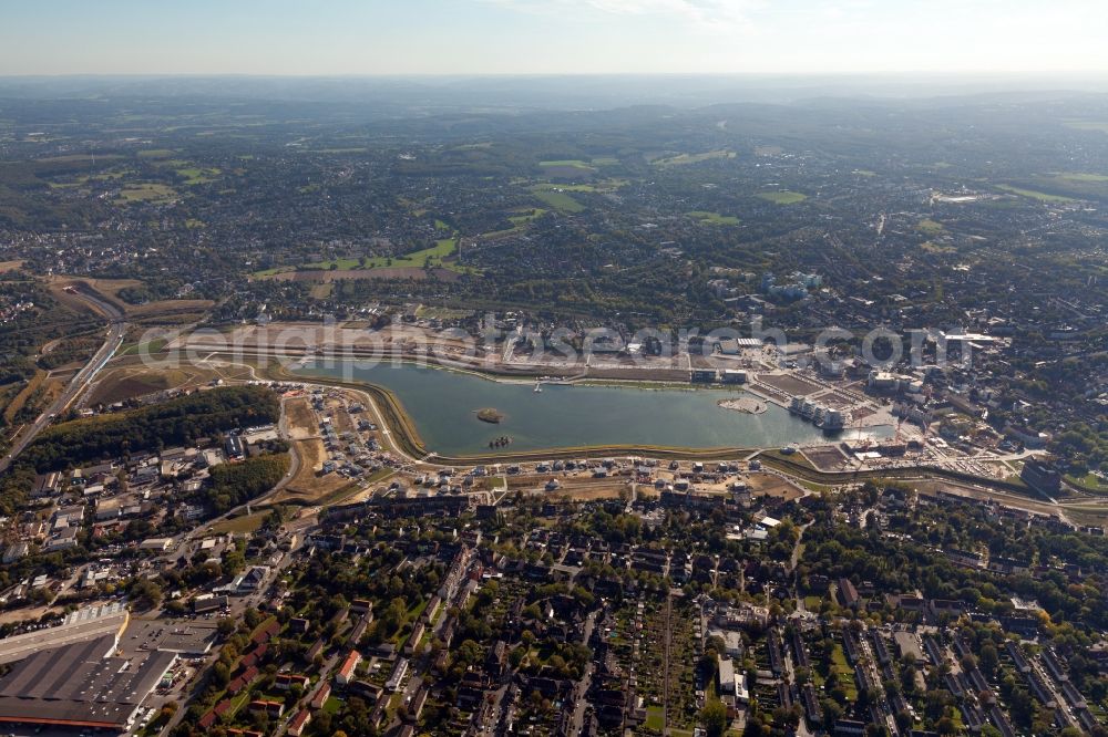 Aerial photograph Dortmund - View of the Lake Phoenix in Dortmund in the state North Rhine-Westphalia. The Lake Phoenix is an artificial lake on the area of the former steelwork Phoenix-Ost. Together with the circumjacent areal a housing area and a recreational area will be created