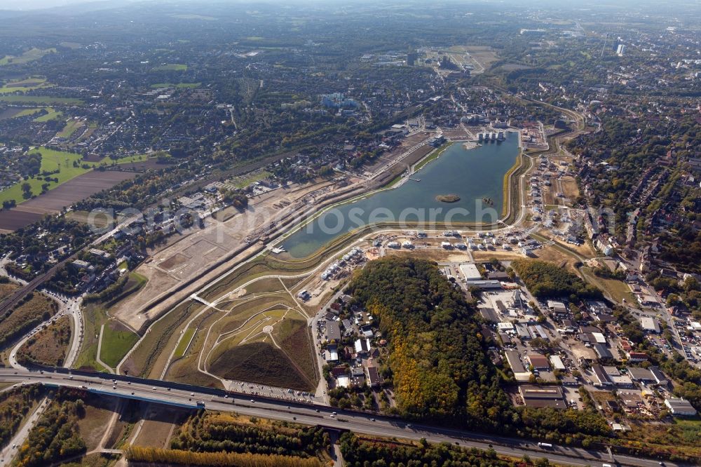 Dortmund from the bird's eye view: View of the Lake Phoenix in Dortmund in the state North Rhine-Westphalia. The Lake Phoenix is an artificial lake on the area of the former steelwork Phoenix-Ost. Together with the circumjacent areal a housing area and a recreational area will be created