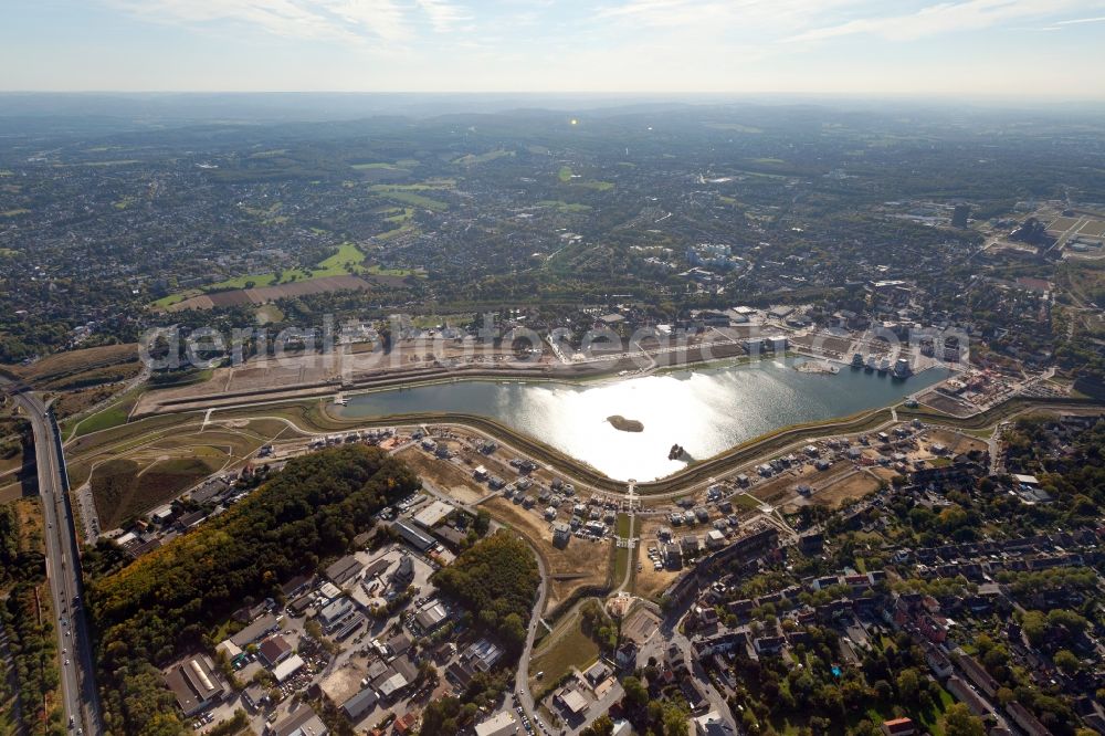 Aerial image Dortmund - View of the Lake Phoenix in Dortmund in the state North Rhine-Westphalia. The Lake Phoenix is an artificial lake on the area of the former steelwork Phoenix-Ost. Together with the circumjacent areal a housing area and a recreational area will be created