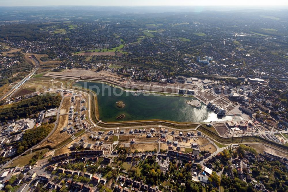 Aerial photograph Dortmund - View of the Lake Phoenix in Dortmund in the state North Rhine-Westphalia. The Lake Phoenix is an artificial lake on the area of the former steelwork Phoenix-Ost. Together with the circumjacent areal a housing area and a recreational area will be created