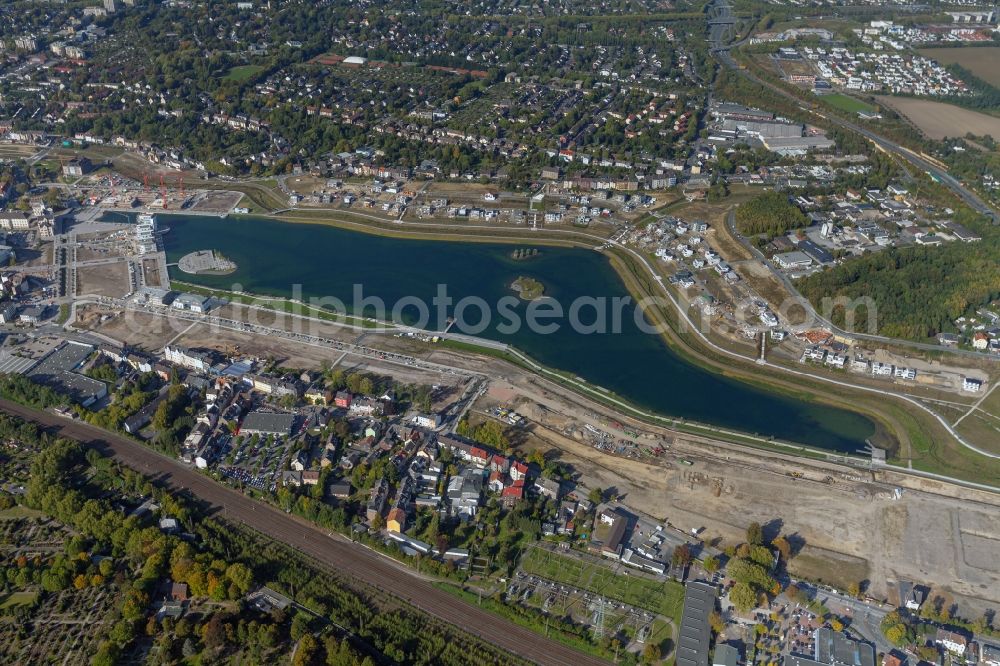 Dortmund from the bird's eye view: View of the Lake Phoenix in Dortmund in the state North Rhine-Westphalia. The Lake Phoenix is an artificial lake on the area of the former steelwork Phoenix-Ost. Together with the circumjacent areal a housing area and a recreational area will be created