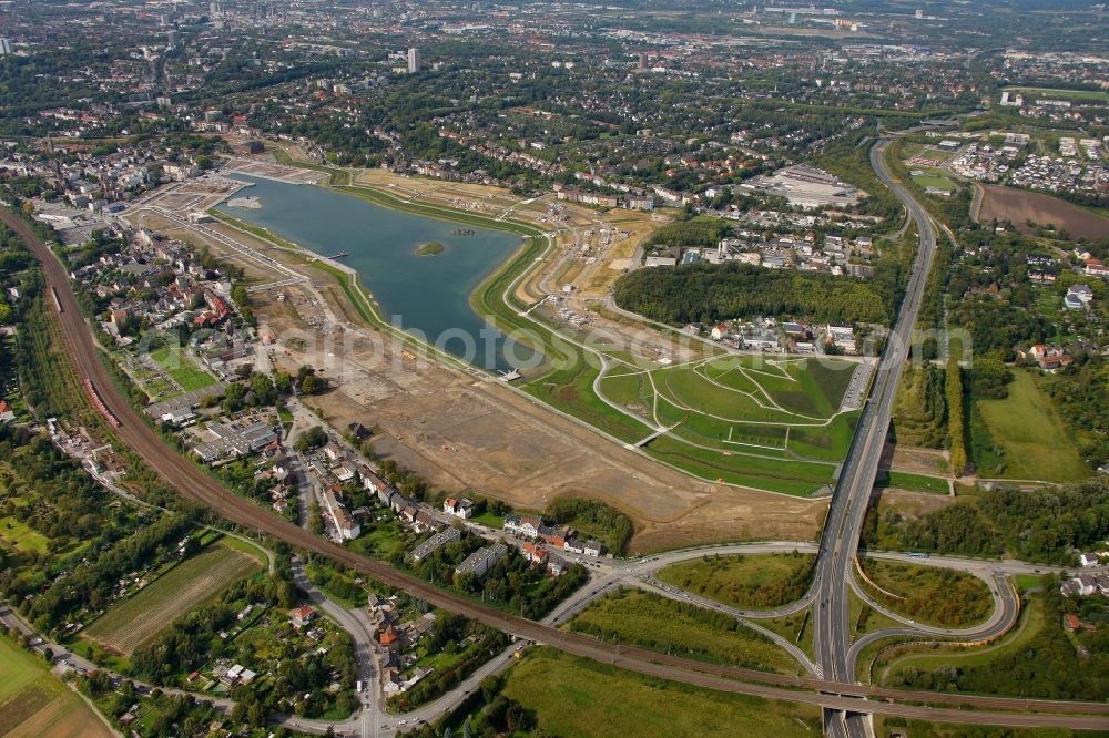 Dortmund from the bird's eye view: Phoenix Lake in the district Horde on the former site of the Hermannshuette to create a large lake with residential areas