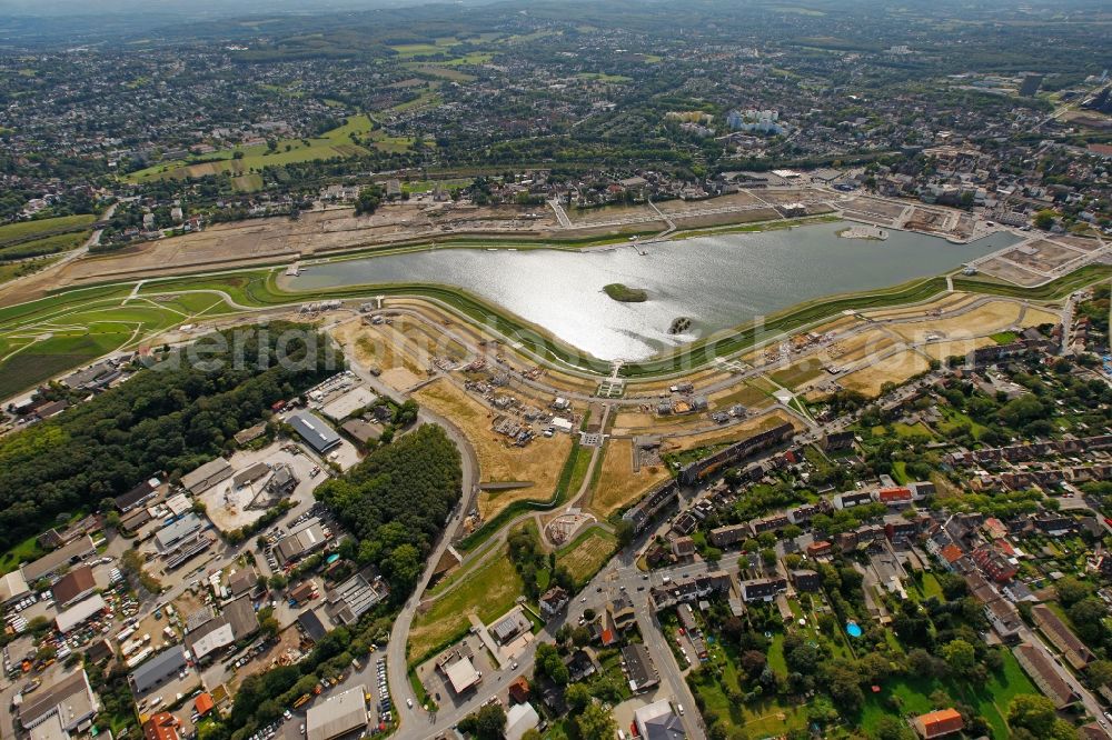 Dortmund from the bird's eye view: Phoenix Lake in the district Horde on the former site of the Hermannshuette to create a large lake with residential areas