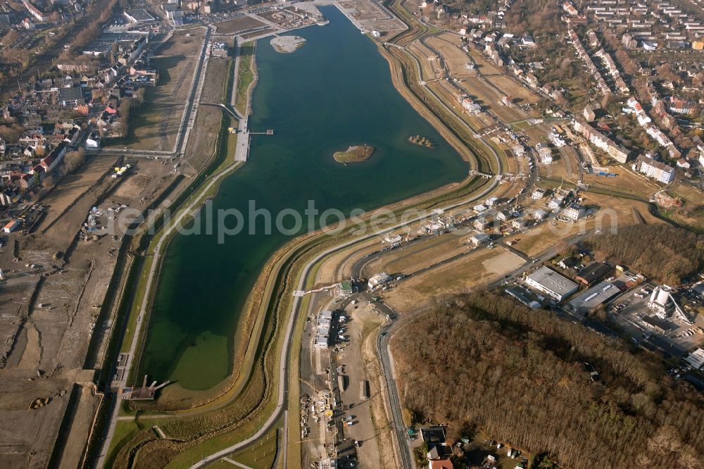 Aerial image Dortmund - Phoenix Lake in the district Horde on the former site of the Hermannshuette to create a large lake with residential areas