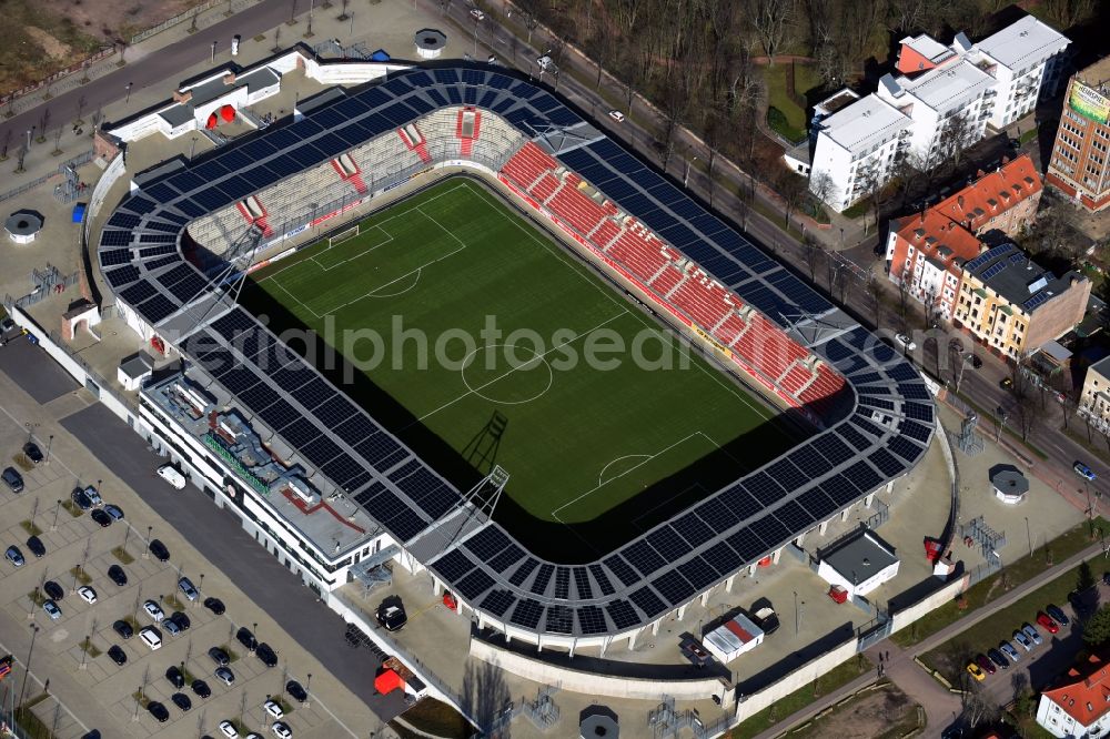 Halle (Saale) from the bird's eye view: Photovoltaic solar power plant on the roof of stadium Erdgas Sportpark in Halle (Saale) in Sachsen-Anhalt