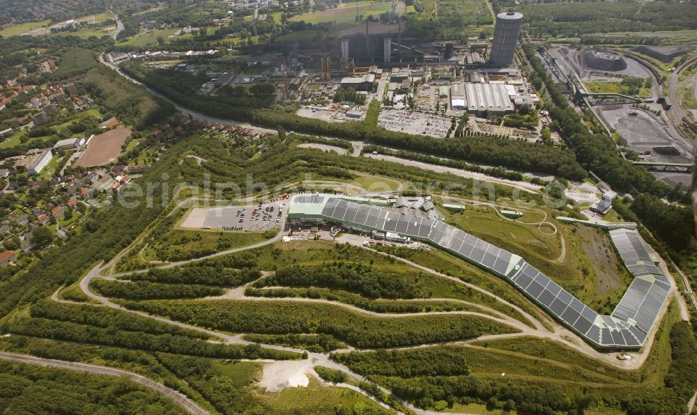 Bottrop from above - Photovoltaic system - solar power plant on the roof of the summer toboggan run on the heap in Bottrop in North Rhine-Westphalia