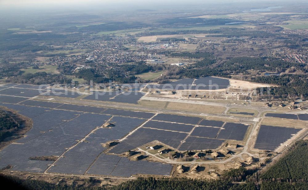 Aerial image Finow / Finowfurt - View of the almost fully assembled solar fields of the new solar power plant Finow Tower. The hybrid solar AG is currently building on the former military airport, a solar power plant