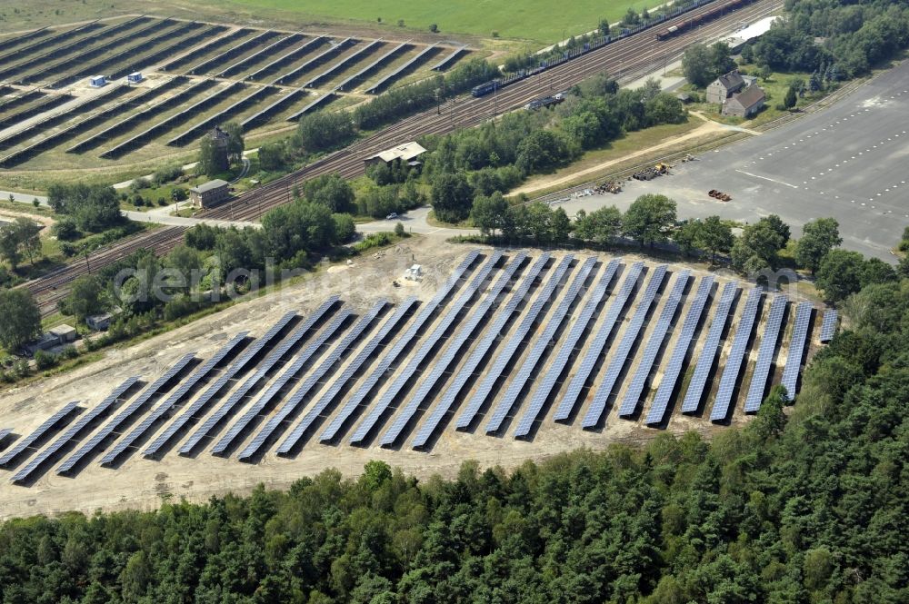 Horka from the bird's eye view: HORKA 07/27/2012 View of a photovoltaic system / solar power plant in Horka in Saxony. The solar system is a project of the Conecon GmbH