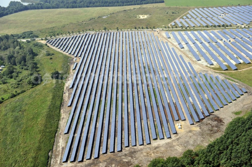 Horka from the bird's eye view: HORKA 07/27/2012 View of a photovoltaic system / solar power plant in Horka in Saxony. The solar system is a project of the Conecon GmbH