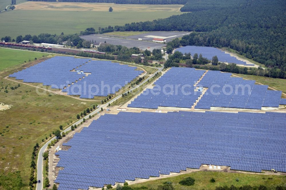 Horka from the bird's eye view: HORKA 07/27/2012 View of a photovoltaic system / solar power plant in Horka in Saxony. The solar system is a project of the Conecon GmbH