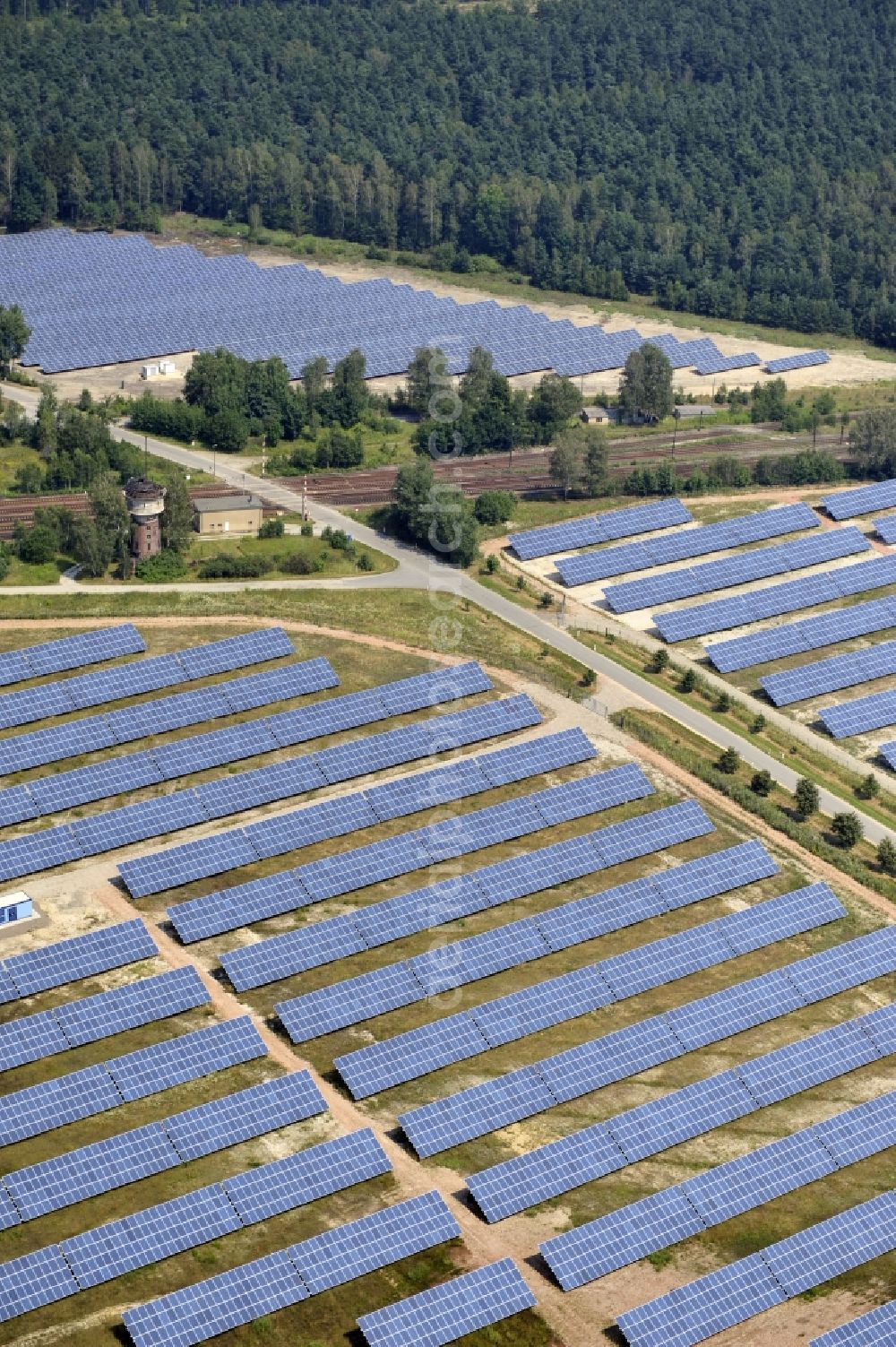 Horka from the bird's eye view: HORKA 07/27/2012 View of a photovoltaic system / solar power plant in Horka in Saxony. The solar system is a project of the Conecon GmbH