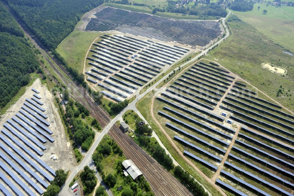 Horka from the bird's eye view: HORKA 07/27/2012 View of a photovoltaic system / solar power plant in Horka in Saxony. The solar system is a project of the Conecon GmbH