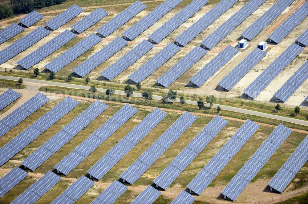 Horka from the bird's eye view: HORKA 07/27/2012 View of a photovoltaic system / solar power plant in Horka in Saxony. The solar system is a project of the Conecon GmbH