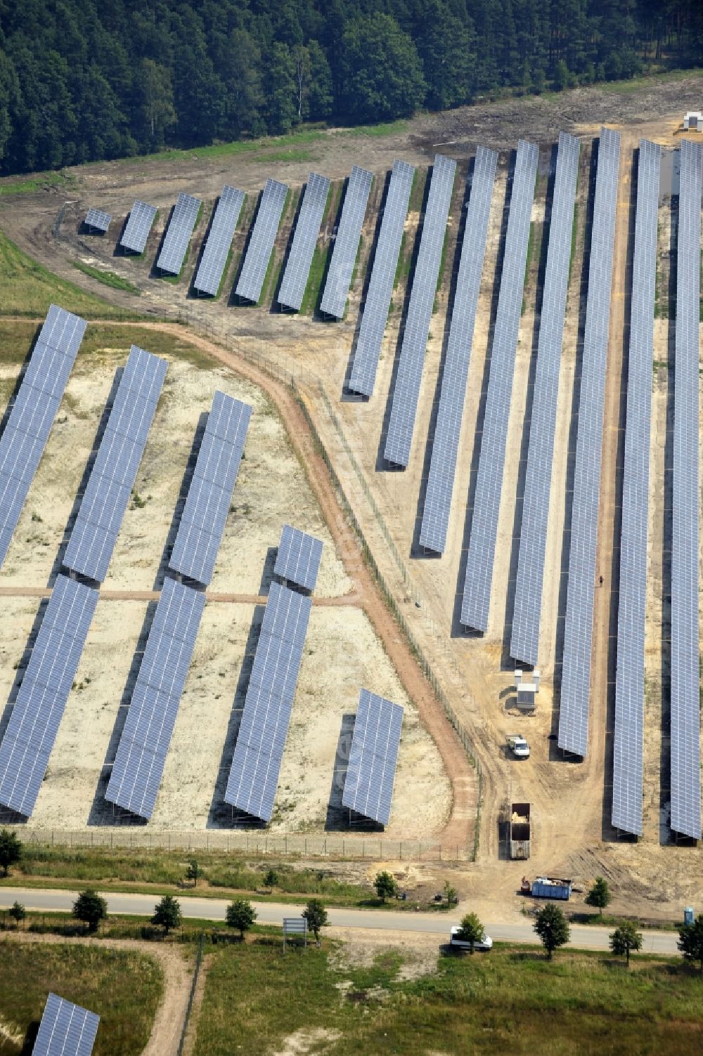 Aerial image Horka - HORKA 07/27/2012 View of a photovoltaic system / solar power plant in Horka in Saxony. The solar system is a project of the Conecon GmbH