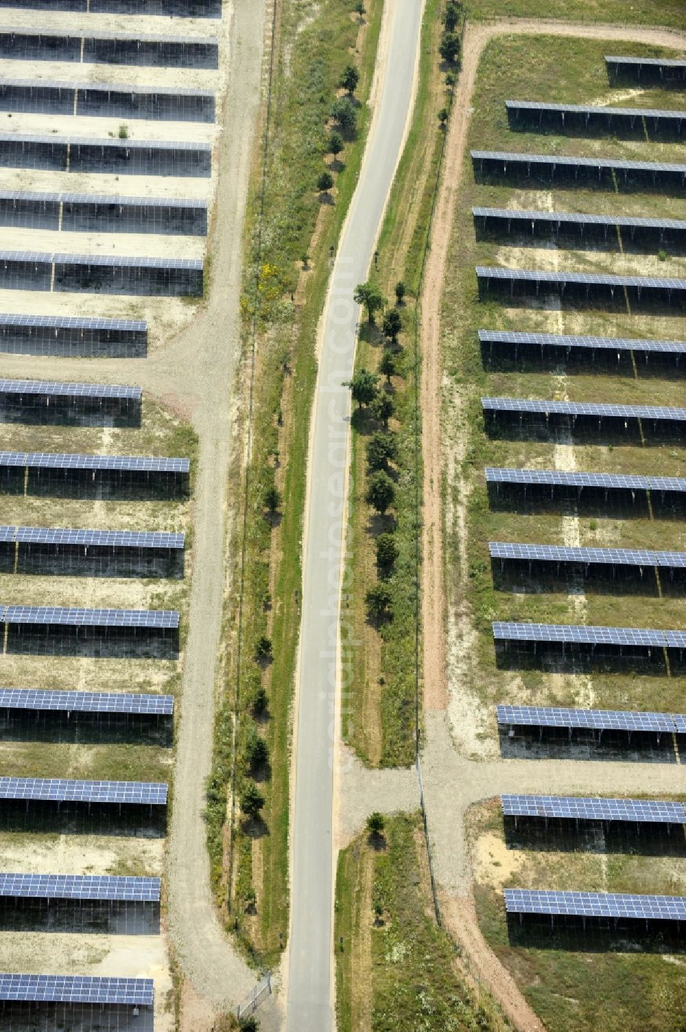 Aerial image Horka - HORKA 07/27/2012 View of a photovoltaic system / solar power plant in Horka in Saxony. The solar system is a project of the Conecon GmbH