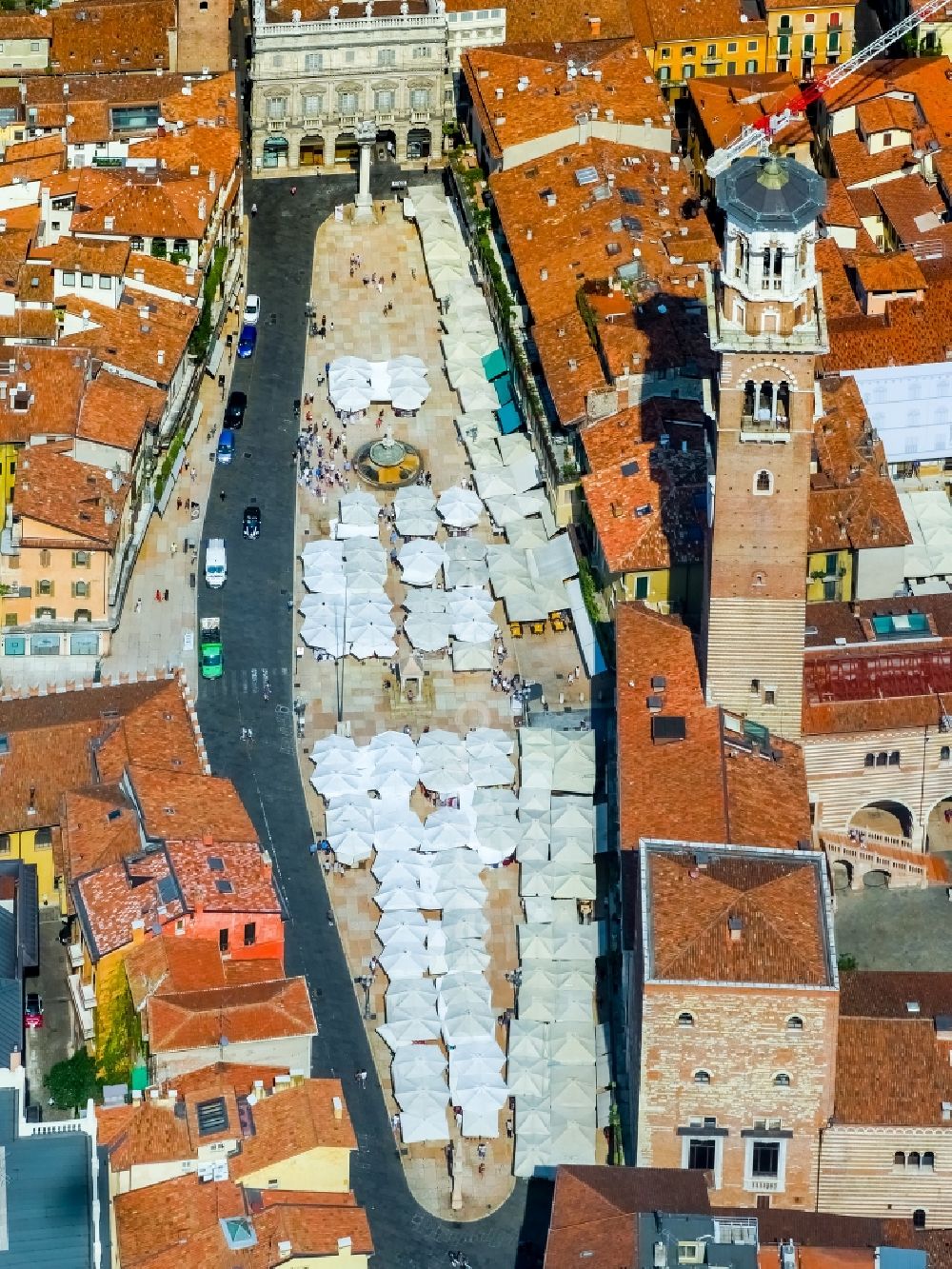 Verona from above - Ensemble space Piazza delle Erbe in the inner city center in Verona in Veneto, Italy