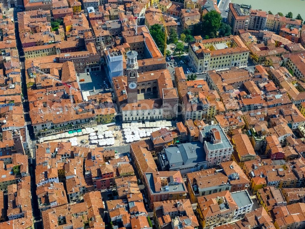 Aerial photograph Verona - Ensemble space Piazza delle Erbe in the inner city center in Verona in Veneto, Italy