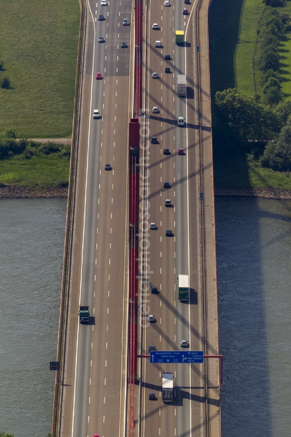 Duisburg from above - Pylons of the motorway bridge over the Rhine crossing Beekerwerth the A42 motorway in Duisburg in North Rhine-Westphalia