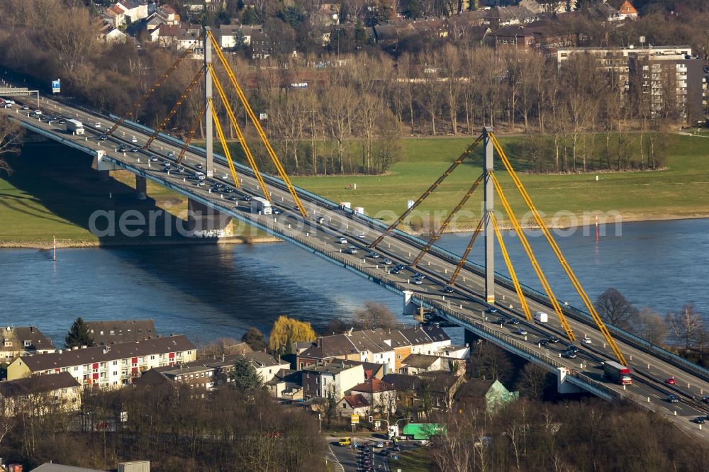 Aerial image Duisburg - Pylons of the motorway bridge over the Rhine crossing Beekerwerth the A42 motorway in Duisburg in North Rhine-Westphalia