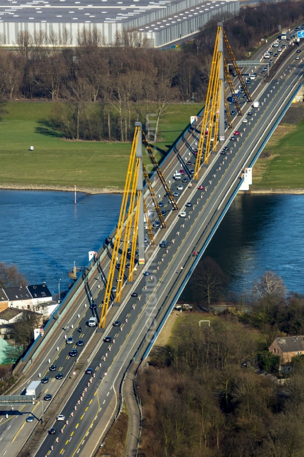 Duisburg from above - Pylons of the motorway bridge over the Rhine crossing Beekerwerth the A42 motorway in Duisburg in North Rhine-Westphalia