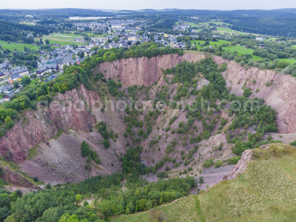 Altenberg from above - Landslide hole in the shape of a crater Altenberger Pinge in the district Oberbaerenburg in Altenberg in the state Saxony, Germany