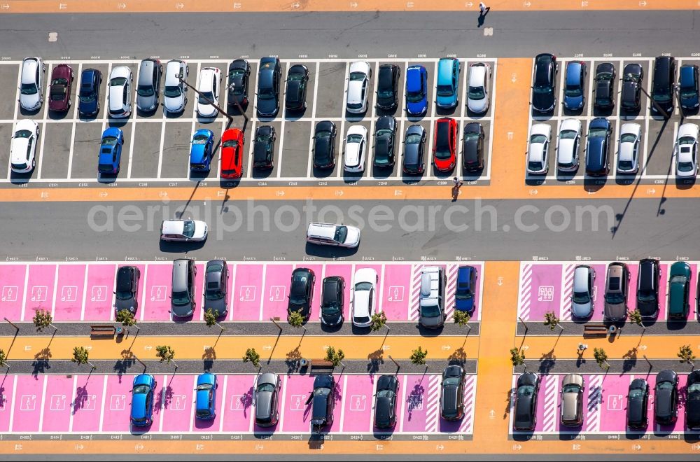 Aerial image Bochum - Hot pink color-coded rows of women parking and disabled parking spaces in the parking lot for automobiles at the Ruhr Park shopping center in Bochum in North Rhine-Westphalia