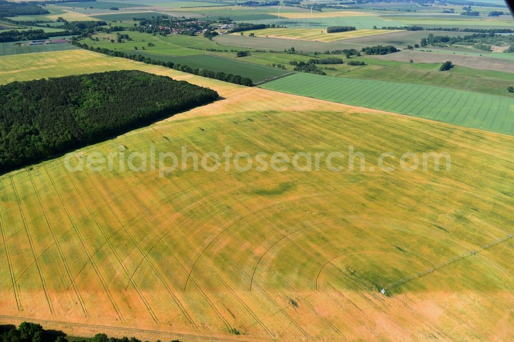 Wutike from the bird's eye view: Circular round arch of a pivot irrigation system on agricultural fields in Wutike in the state Brandenburg, Germany