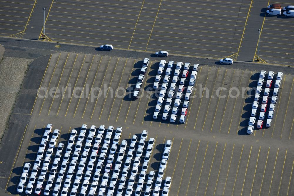 Cuxhaven from above - Vehicle loading dock in the harbor and coastal areas on America harbor in Cuxhaven in Lower Saxony