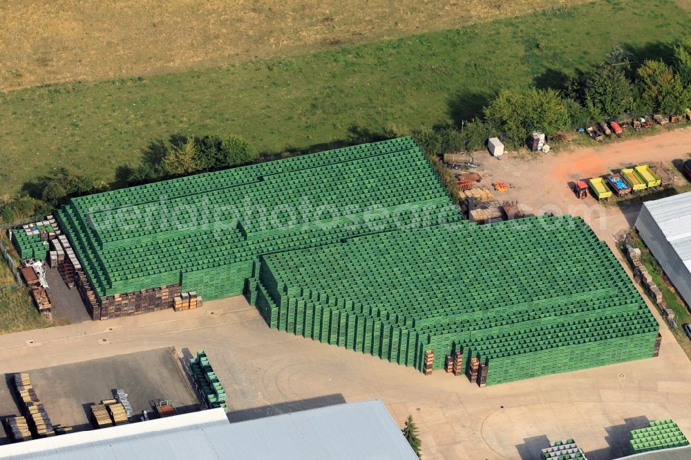 Gierstädt from the bird's eye view: Plastic - cases on the area of the production plant Fahner Obst eG in the industrial park Fahner Hoehe in Gierstaedt in Thuringia