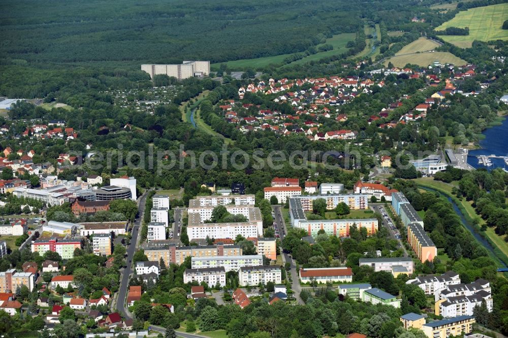 Senftenberg from above - Skyscrapers in the residential area of industrially manufactured settlement Adolf-Hennecke-Strasse - Glueck-Auf-Strasse - Haeuerstrasse in Senftenberg in the state Brandenburg, Germany