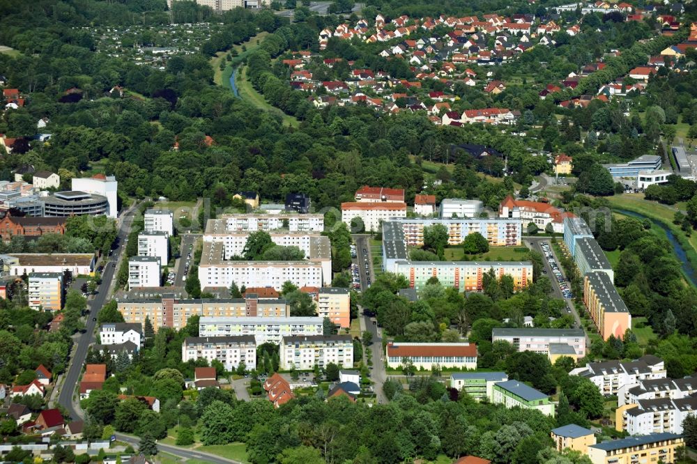 Senftenberg from the bird's eye view: Skyscrapers in the residential area of industrially manufactured settlement Adolf-Hennecke-Strasse - Glueck-Auf-Strasse - Haeuerstrasse in Senftenberg in the state Brandenburg, Germany