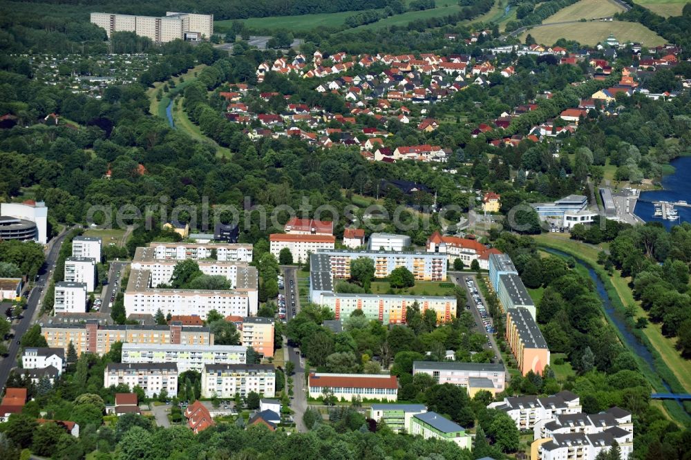 Aerial image Senftenberg - Skyscrapers in the residential area of industrially manufactured settlement Adolf-Hennecke-Strasse - Glueck-Auf-Strasse - Haeuerstrasse in Senftenberg in the state Brandenburg, Germany