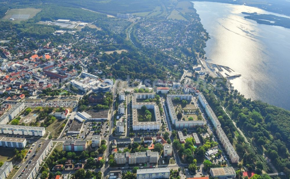 Senftenberg from above - Skyscrapers in the residential area of industrially manufactured settlement Adolf-Hennecke-Strasse - Glueck-Auf-Strasse - Haeuerstrasse in Senftenberg in the state Brandenburg, Germany