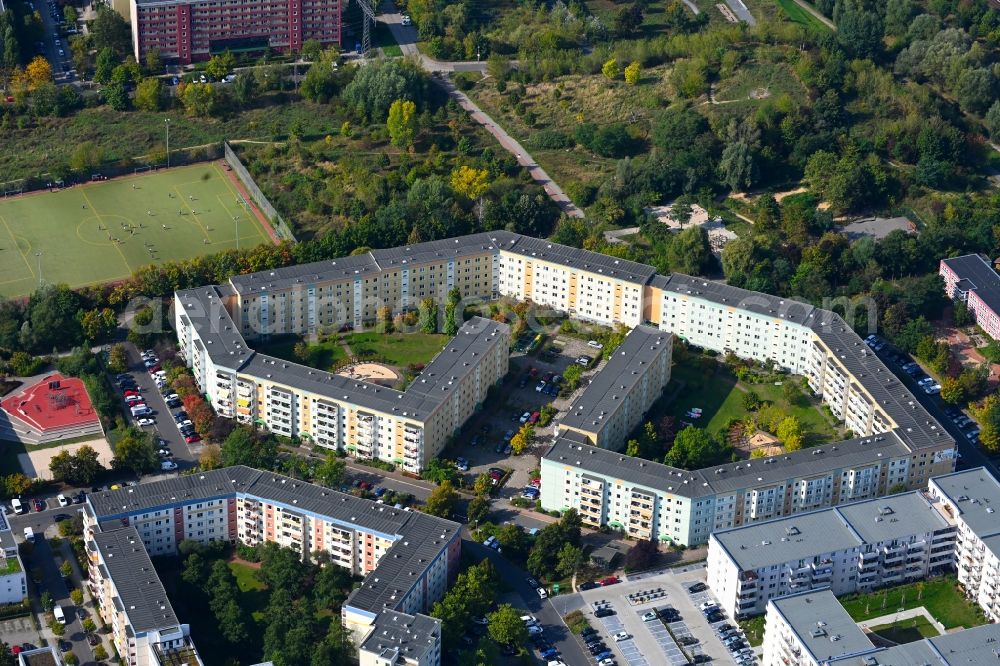 Berlin from above - Skyscrapers in the residential area of industrially manufactured settlement Albert-Kuntz-Strasse in the district Hellersdorf in Berlin, Germany