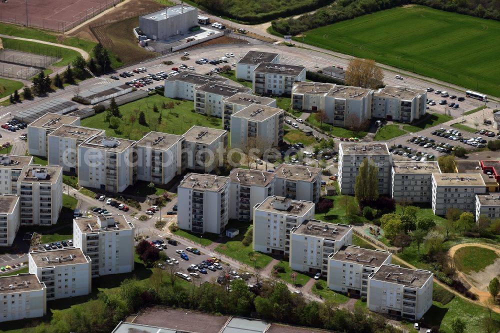 Auxerre from above - Skyscrapers in the residential area of industrially manufactured settlement in Auxerre in Bourgogne Franche-Comte, France