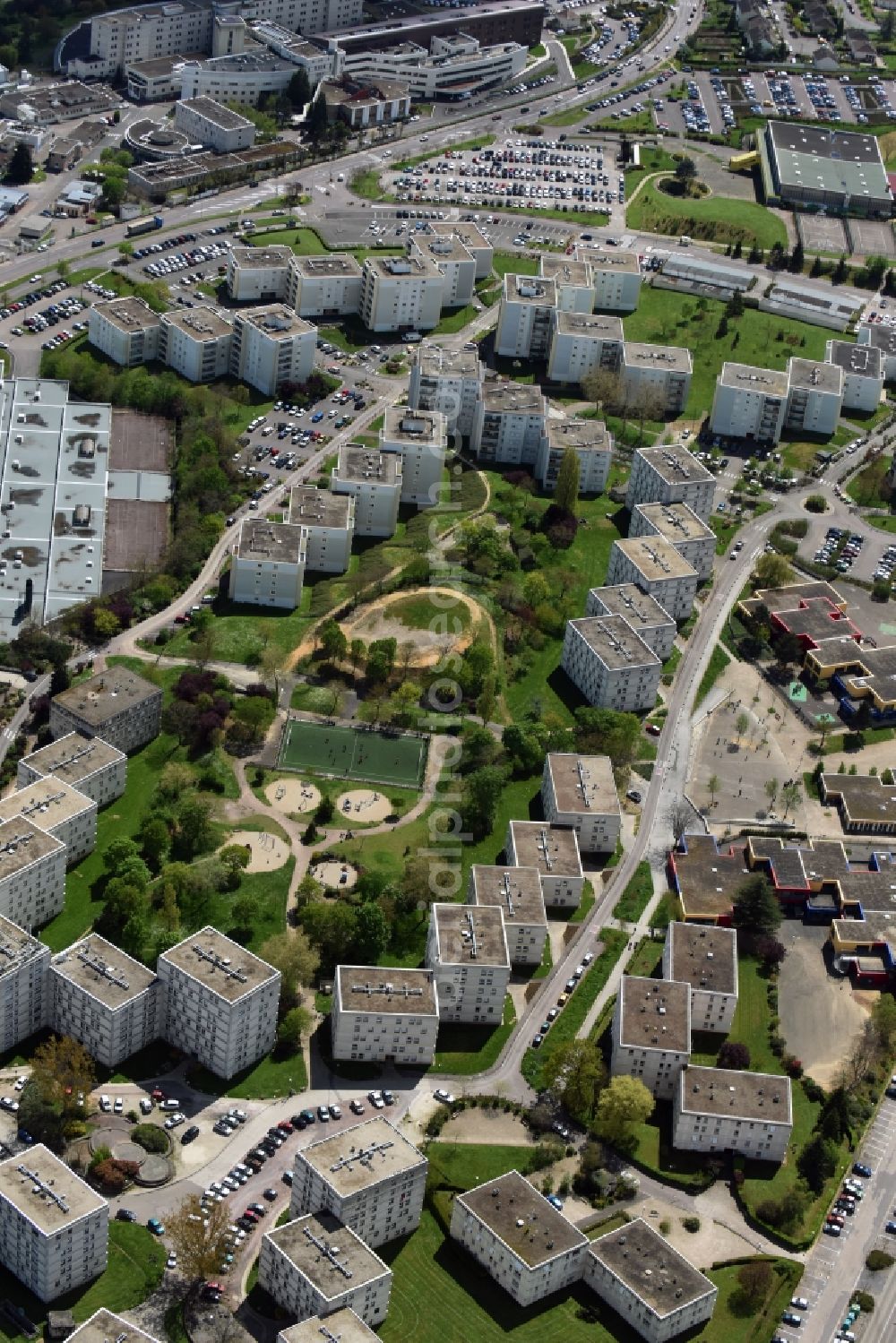 Aerial image Auxerre - Skyscrapers in the residential area of industrially manufactured settlement in Auxerre in Bourgogne Franche-Comte, France